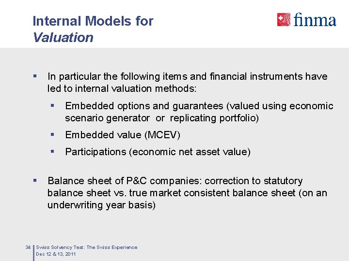 Internal Models for Valuation § § 34 In particular the following items and financial