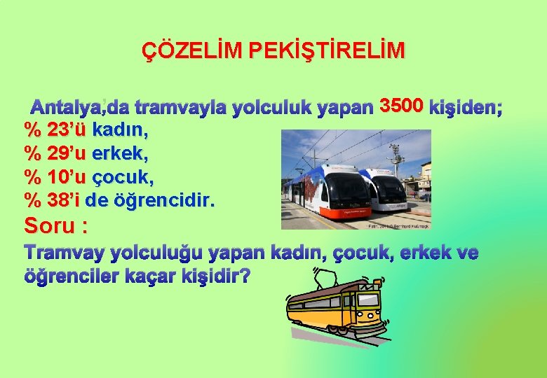 ÇÖZELİM PEKİŞTİRELİM Antalya’da tramvayla yolculuk yapan 3500 kişiden; % 23’ü kadın, % 29’u erkek,