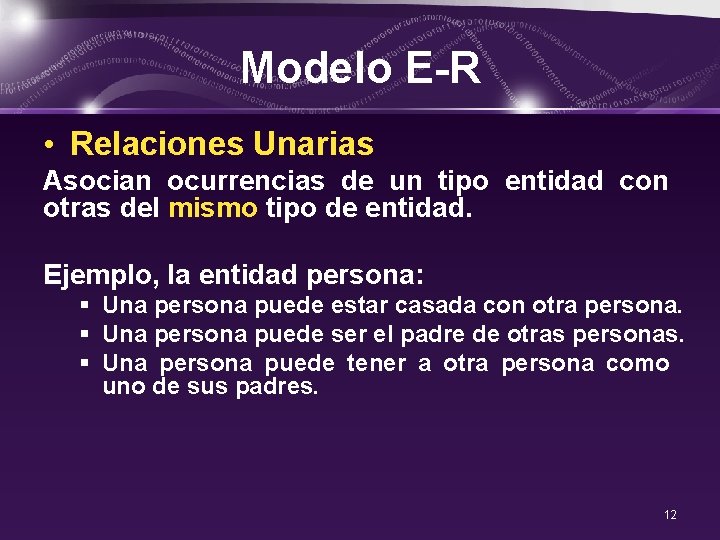 Modelo E-R • Relaciones Unarias Asocian ocurrencias de un tipo entidad con otras del