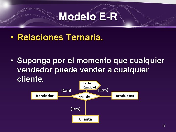 Modelo E-R • Relaciones Ternaria. • Suponga por el momento que cualquier vendedor puede