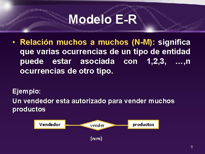 Modelo E-R • Relación muchos a muchos (N-M): significa que varias ocurrencias de un