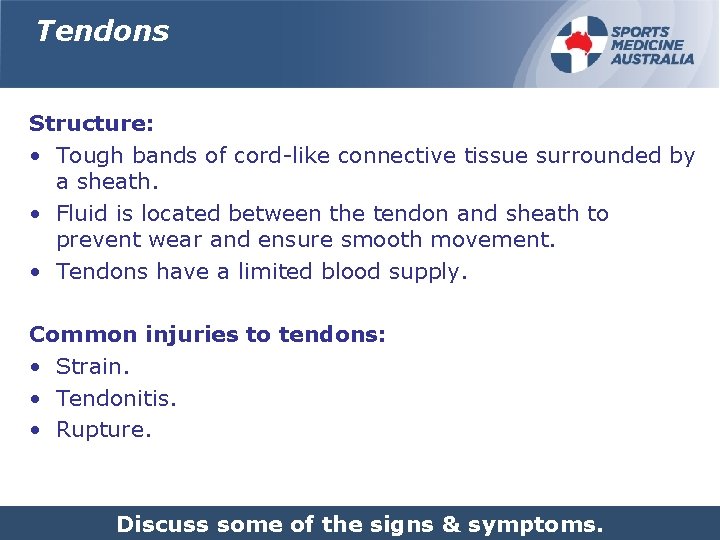 Tendons Structure: • Tough bands of cord-like connective tissue surrounded by a sheath. •