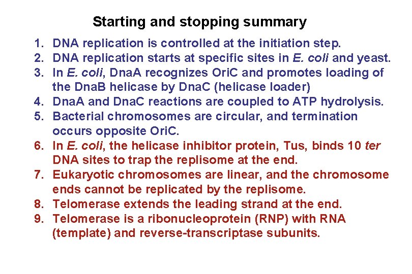 Starting and stopping summary 1. DNA replication is controlled at the initiation step. 2. Starting and stopping summary 1. DNA replication is controlled at the initiation step. 2.