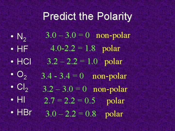 Predict the Polarity • • N 2 HF HCl O 2 Cl 2 HI