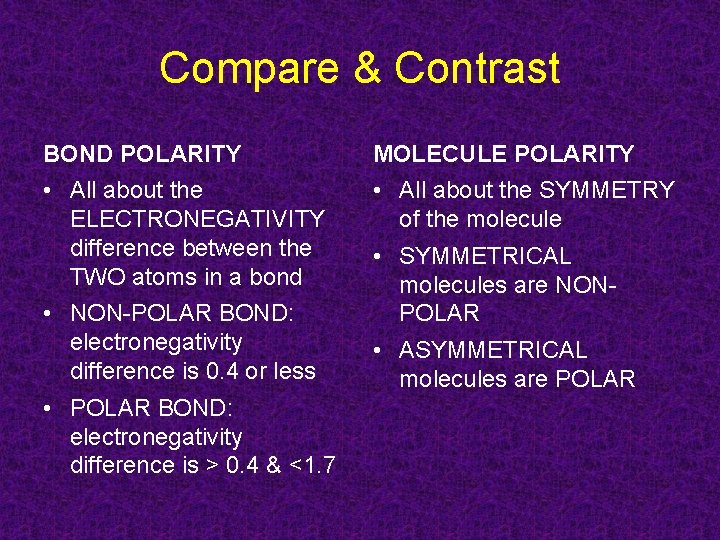 Compare & Contrast BOND POLARITY MOLECULE POLARITY • All about the ELECTRONEGATIVITY difference between