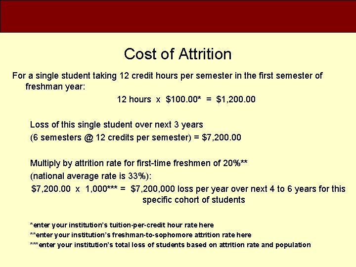Cost of Attrition For a single student taking 12 credit hours per semester in