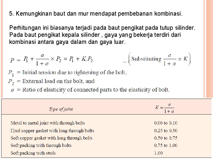 5. Kemungkinan baut dan mur mendapat pembebanan kombinasi. Perhitungan ini biasanya terjadi pada baut