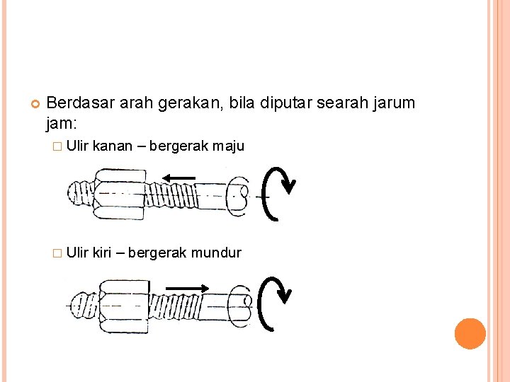  Berdasar arah gerakan, bila diputar searah jarum jam: � Ulir kanan – bergerak