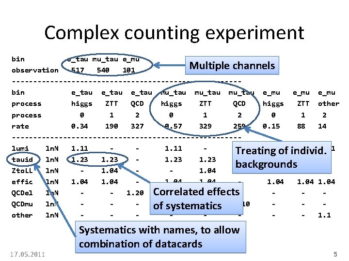 Complex counting experiment bin e_tau mu_tau e_mu Multiple channels observation 517 540 101 ---------------------------bin