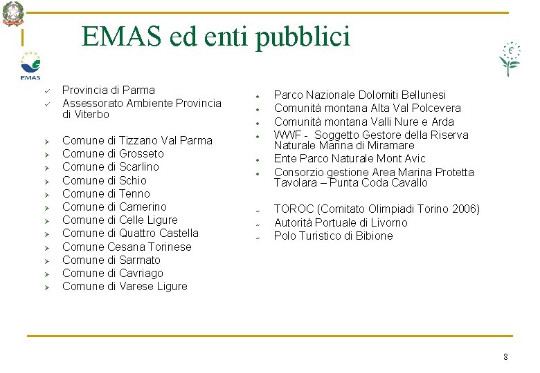 EMAS ed enti pubblici ü ü Ø Ø Ø Provincia di Parma Assessorato Ambiente