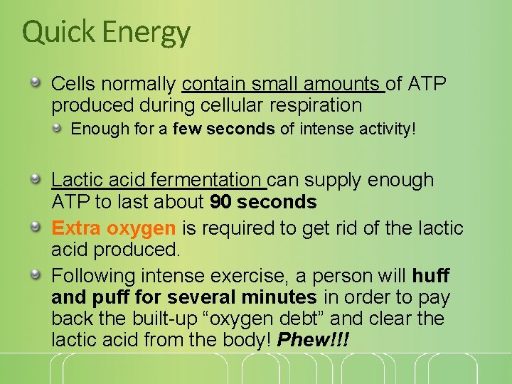 Quick Energy Cells normally contain small amounts of ATP produced during cellular respiration Enough