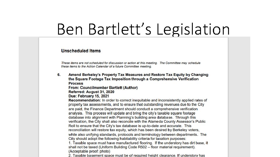 Ben Bartlett’s Legislation 