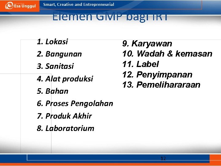 Elemen GMP bagi IRT 1. Lokasi 2. Bangunan 3. Sanitasi 4. Alat produksi 5.