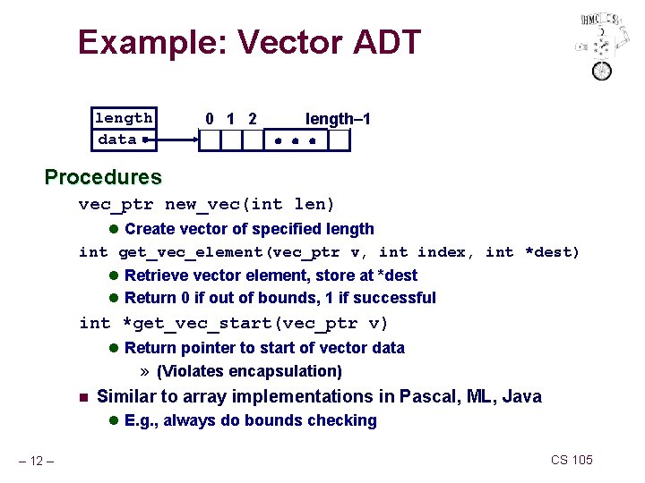 Example: Vector ADT length data 0 1 2 length– 1 Procedures vec_ptr new_vec(int len)