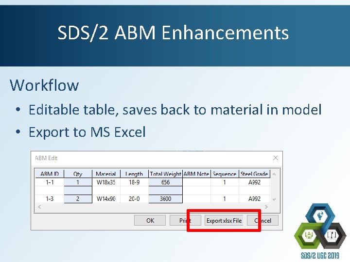 SDS/2 ABM Enhancements Workflow • Editable, saves back to material in model • Export