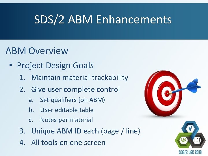 SDS/2 ABM Enhancements ABM Overview • Project Design Goals 1. Maintain material trackability 2.