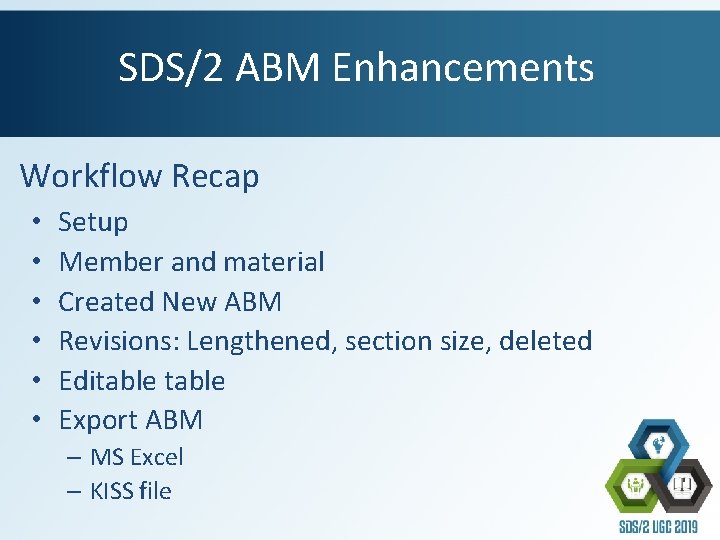 SDS/2 ABM Enhancements Workflow Recap • • • Setup Member and material Created New