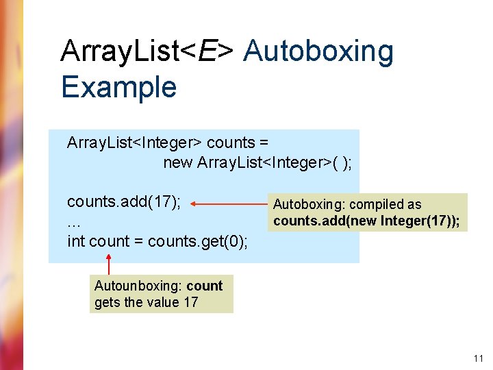 Array. List<E> Autoboxing Example Array. List<Integer> counts = new Array. List<Integer>( ); counts. add(17);