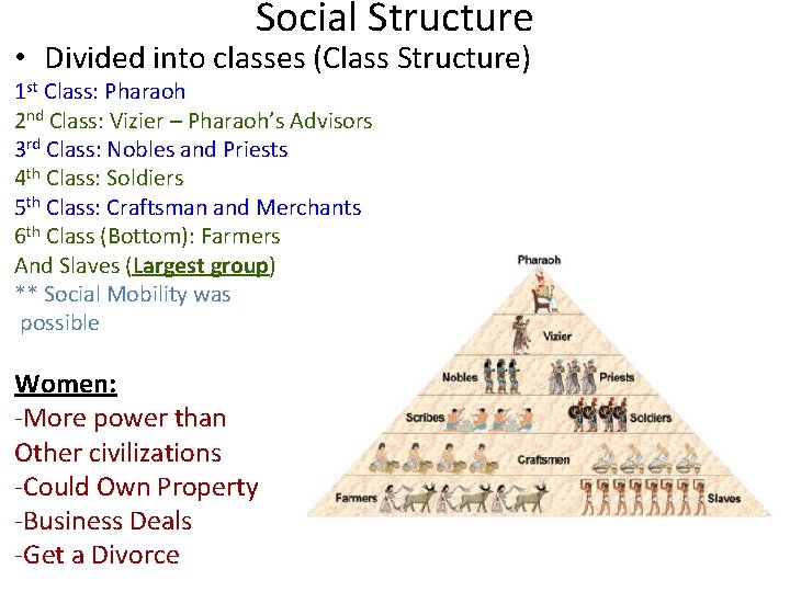 Social Structure • Divided into classes (Class Structure) 1 st Class: Pharaoh 2 nd Social Structure • Divided into classes (Class Structure) 1 st Class: Pharaoh 2 nd