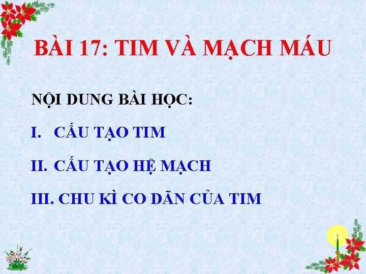 BÀI 17: TIM VÀ MẠCH MÁU NỘI DUNG BÀI HỌC: I. CẤU TẠO TIM