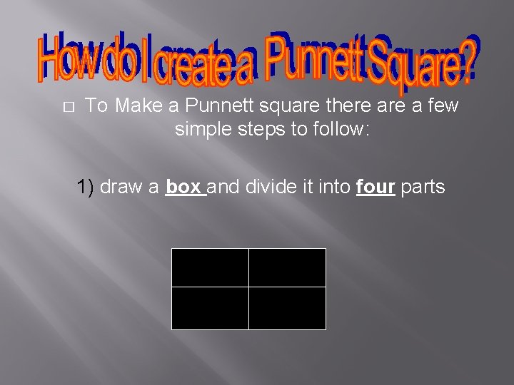 � To Make a Punnett square there a few simple steps to follow: 1)