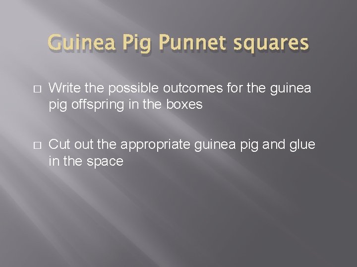 Guinea Pig Punnet squares � Write the possible outcomes for the guinea pig offspring
