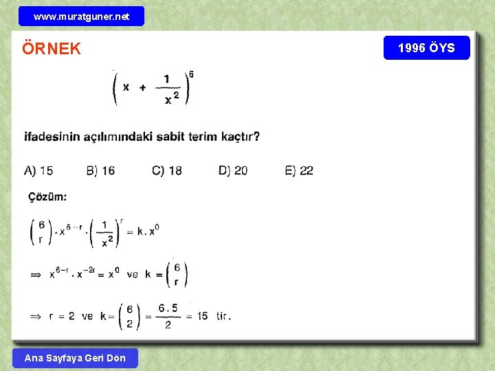 www. muratguner. net ÖRNEK Ana Sayfaya Geri Dön 1996 ÖYS 