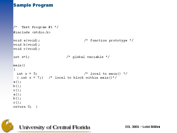 Sample Program /* Test Program #1 */ #include <stdio. h> void a(void); void b(void); Sample Program /* Test Program #1 */ #include <stdio. h> void a(void); void b(void);