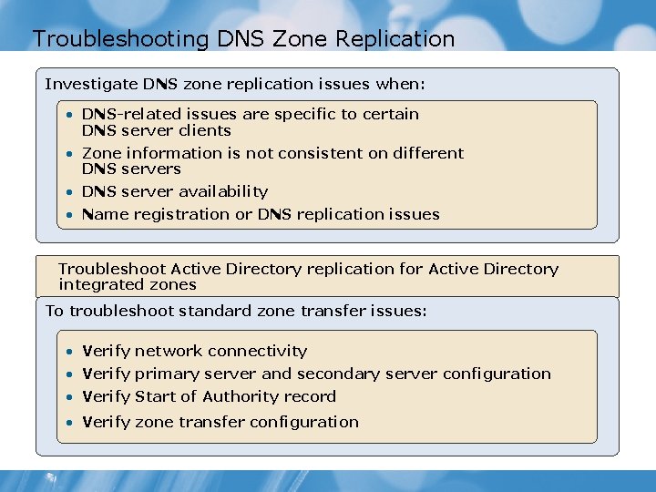 Troubleshooting DNS Zone Replication Investigate DNS zone replication issues when: • DNS-related issues are