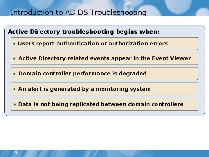 Introduction to AD DS Troubleshooting Active Directory troubleshooting begins when: • Users report authentication