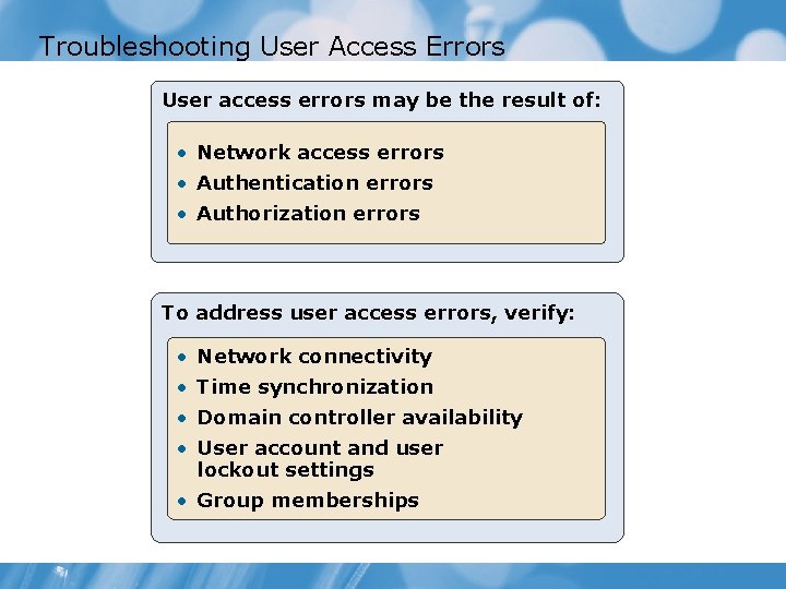 Troubleshooting User Access Errors User access errors may be the result of: • Network