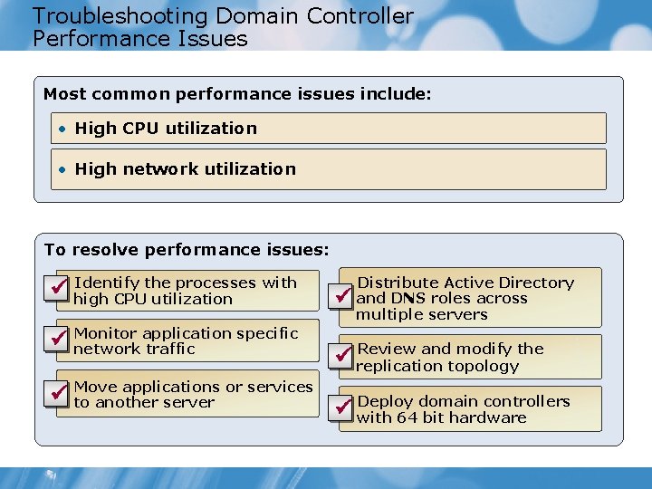 Troubleshooting Domain Controller Performance Issues Most common performance issues include: • High CPU utilization