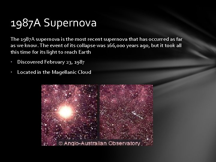 1987 A Supernova The 1987 A supernova is the most recent supernova that has