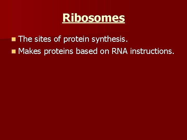 Ribosomes n The sites of protein synthesis. n Makes proteins based on RNA instructions.