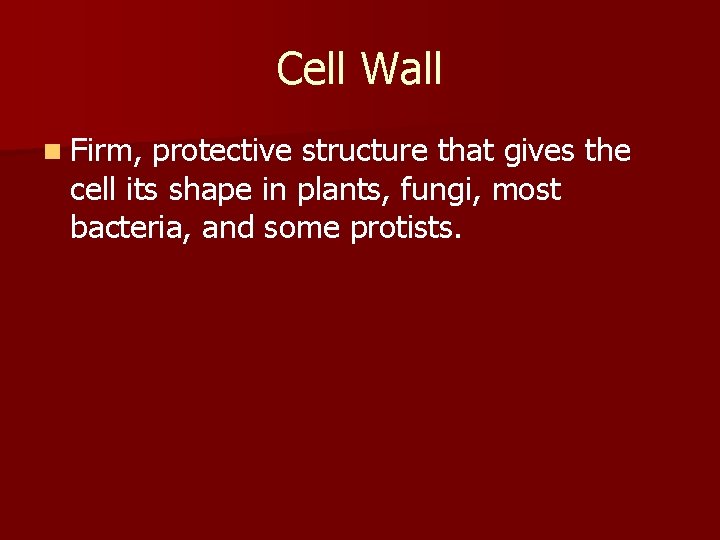 Cell Wall n Firm, protective structure that gives the cell its shape in plants,