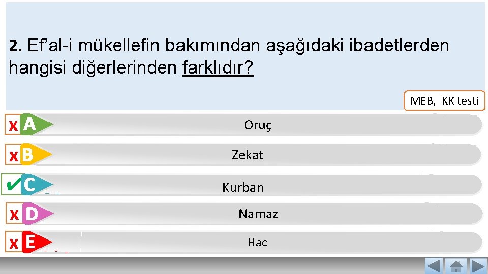 2. Ef’al-i mükellefin bakımından aşağıdaki ibadetlerden hangisi diğerlerinden farklıdır? MEB, KK testi x. A