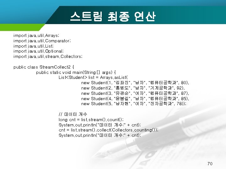 스트림 최종 연산 import import java. util. Arrays; java. util. Comparator; java. util. List;