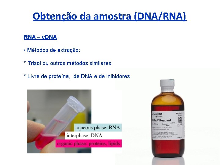 Obtenção da amostra (DNA/RNA) RNA – c. DNA • Métodos de extração: * Trizol
