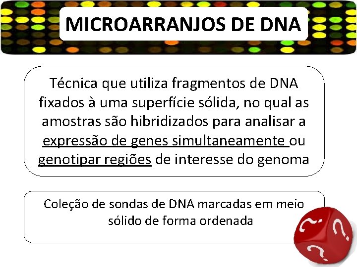MICROARRANJOS DE DNA Técnica que utiliza fragmentos de DNA fixados à uma superfície sólida,