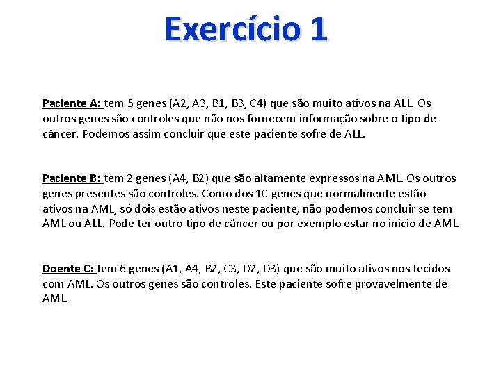 Exercício 1 Paciente A: tem 5 genes (A 2, A 3, B 1, B