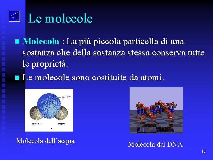 Le molecole Molecola : La più piccola particella di una sostanza che della sostanza