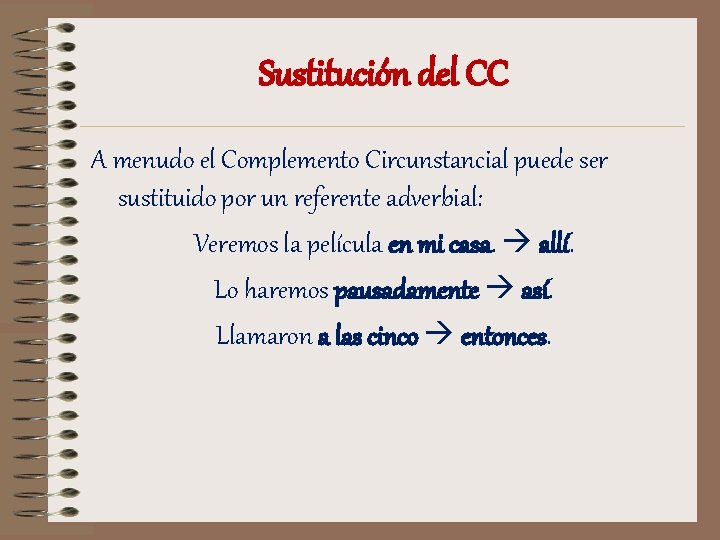 Sustitución del CC A menudo el Complemento Circunstancial puede ser sustituido por un referente