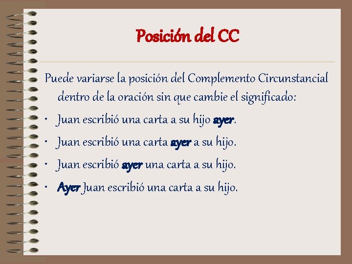 Posición del CC Puede variarse la posición del Complemento Circunstancial dentro de la oración