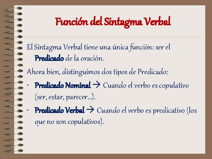 Función del Sintagma Verbal El Sintagma Verbal tiene una única función: ser el Predicado