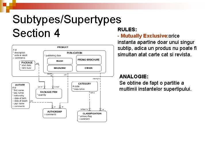 Subtypes/Supertypes RULES: Section 4 - Mutually Exclusive: orice instanta apartine doar unui singur subtip,