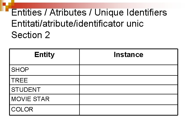 Entities / Atributes / Unique Identifiers Entitati/atribute/identificator unic Section 2 Entity SHOP TREE STUDENT