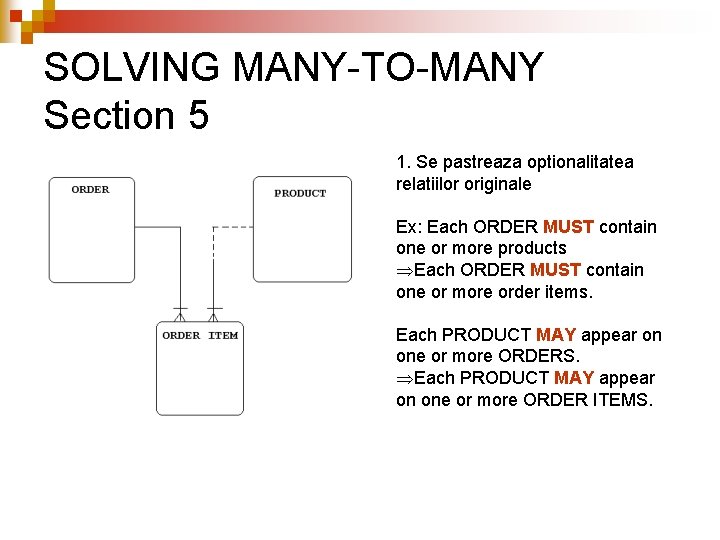 SOLVING MANY-TO-MANY Section 5 1. Se pastreaza optionalitatea relatiilor originale Ex: Each ORDER MUST