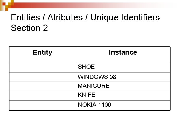 Entities / Atributes / Unique Identifiers Section 2 Entity Instance SHOE WINDOWS 98 MANICURE