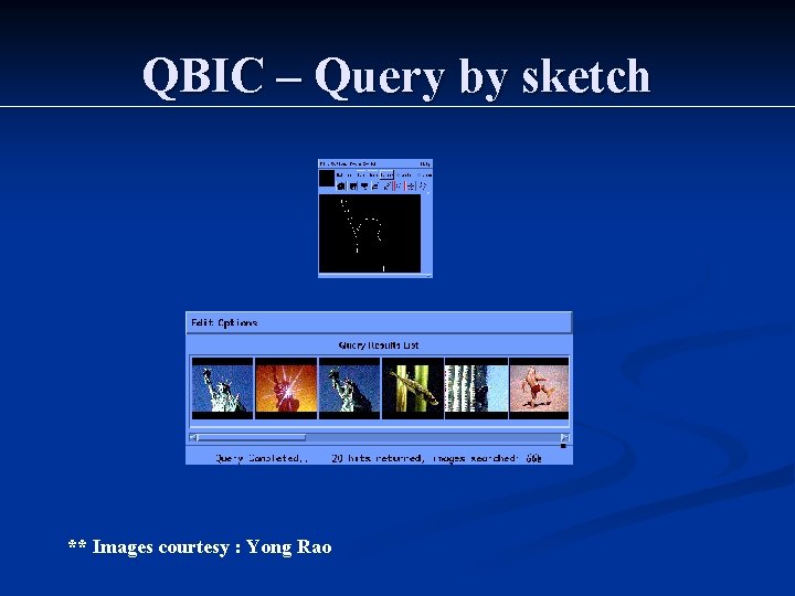 QBIC – Query by sketch ** Images courtesy : Yong Rao 