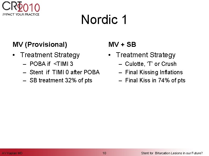 Nordic 1 MV (Provisional) MV + SB • Treatment Strategy – POBA if <TIMI